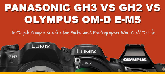 Panasonic GH3, GH2 and Olympus E-M5 on orange background