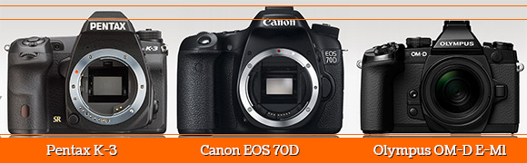 Pentax K-3 vs Canon EOS 70D vs Olympus OM-D E-M1 cameras side by side