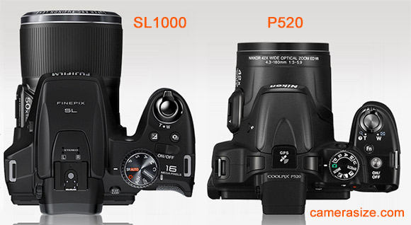 fuji-sl1000-nikon-p520-top-view-size-comparison Fujifilm SL1000 and Nikon P520 top view size comparison