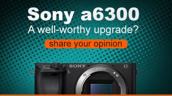 Sony a6300 camera on a cyan background